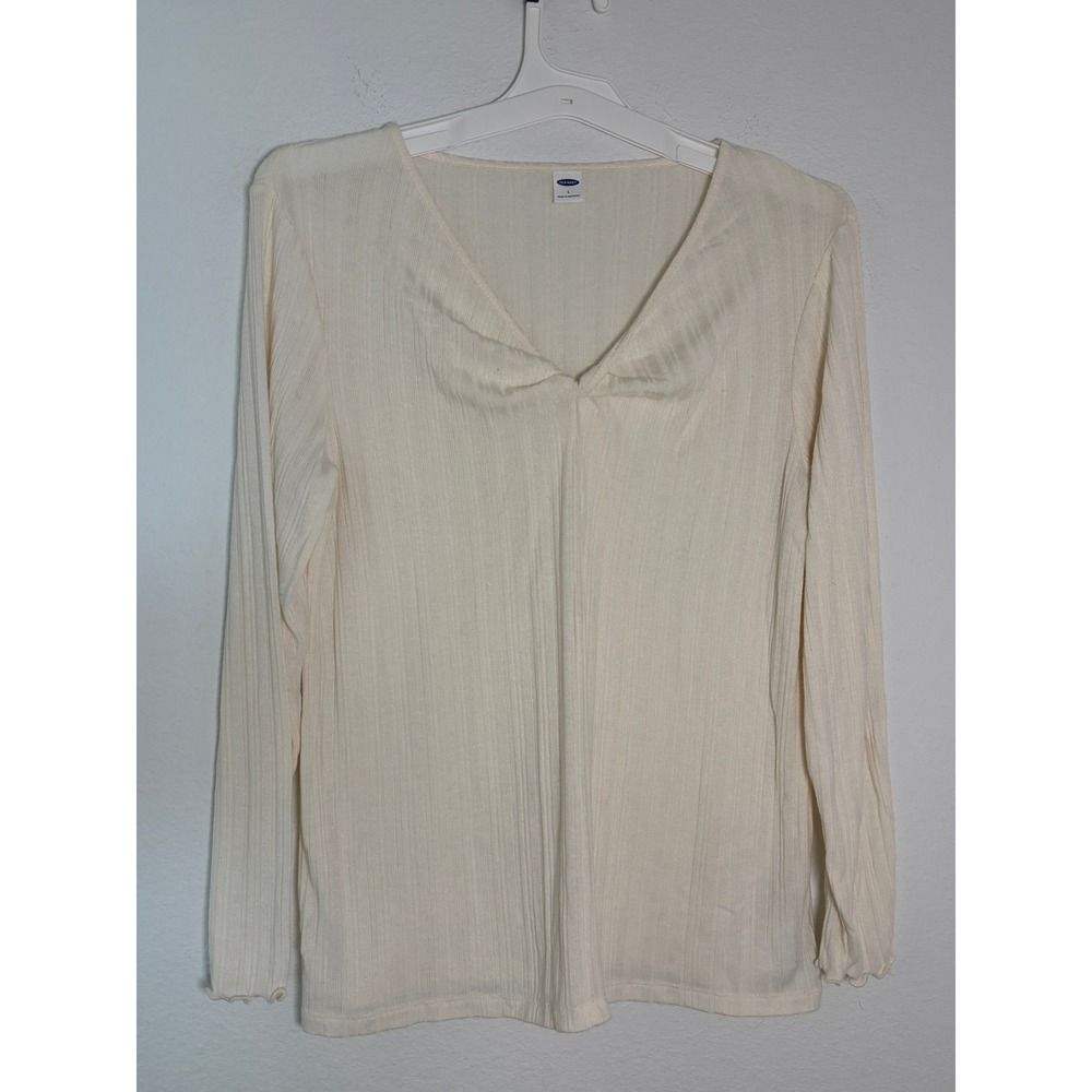 Old Navy Cream Ribbed V-Neck Long Sleeve Top Lettuce Edge Hem Off-White Large
